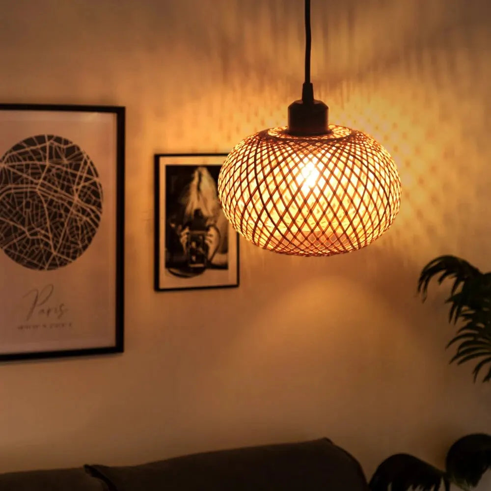 Lustre de Bambu Rattan Feito à Mão com LED para Teto