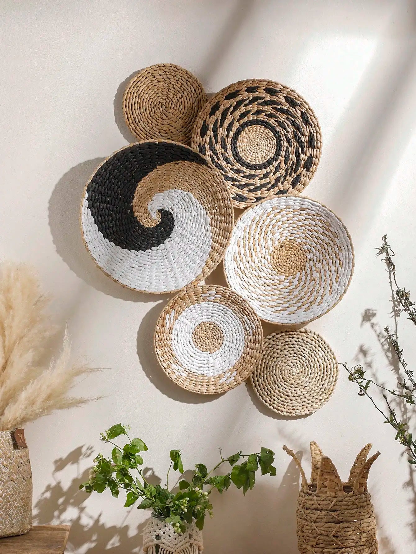 Conjunto de 6 Cestas de Parede Boho Feitas à Mão para Decoração