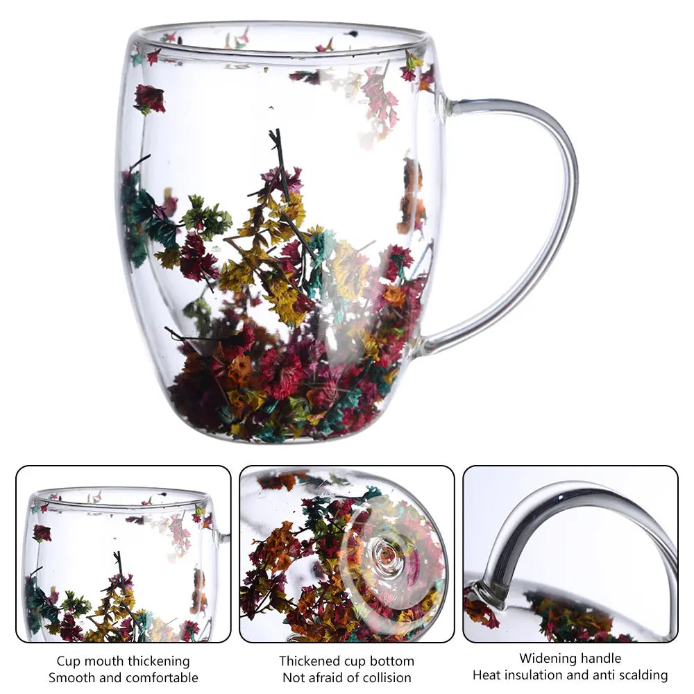 Caneca de Vidro Duplo Criativo com Flor Real e Concha 