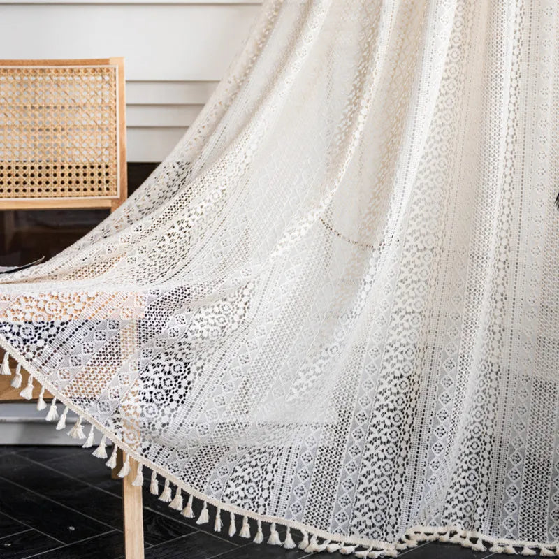 Cortinas de Renda Francesa Boho Bege para Sala e Quarto