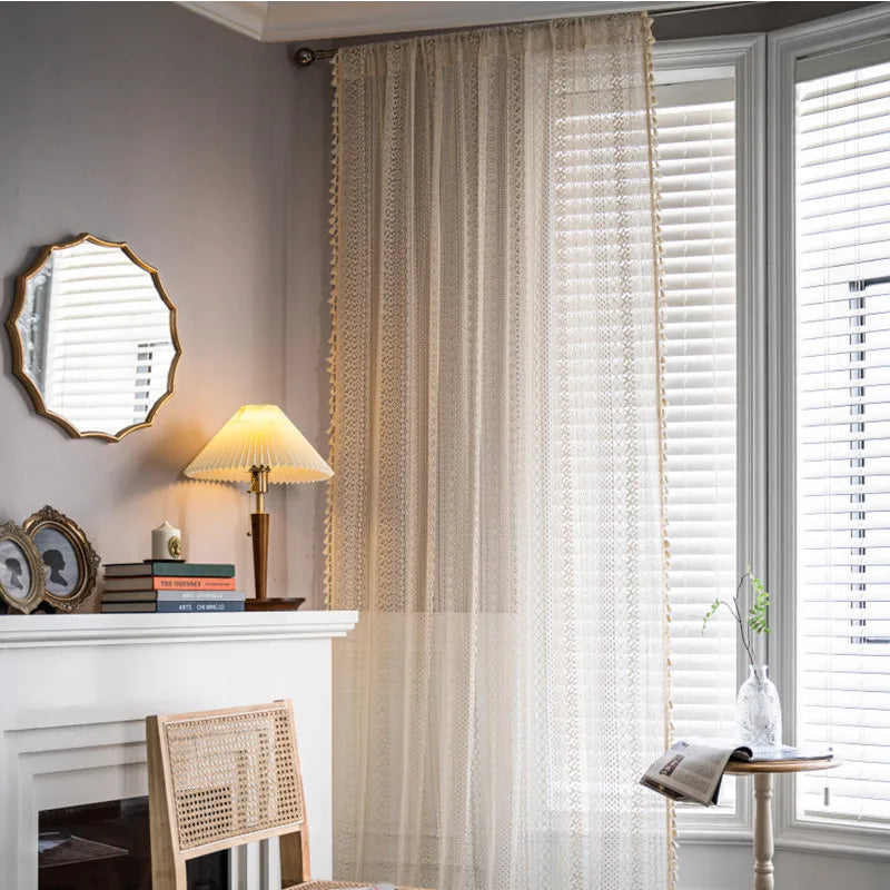 Cortinas de Renda Francesa Boho Bege para Sala e Quarto