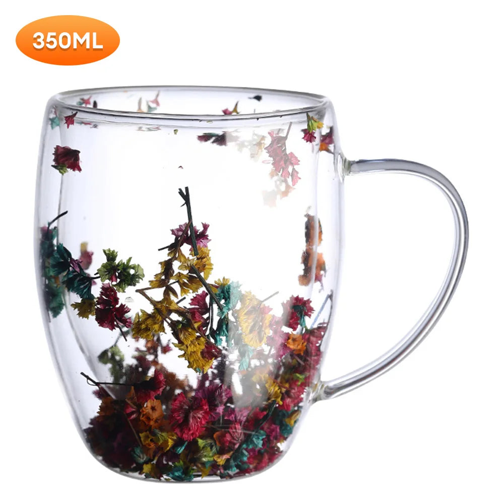 Caneca de Vidro Duplo Criativo com Flor Real e Concha 