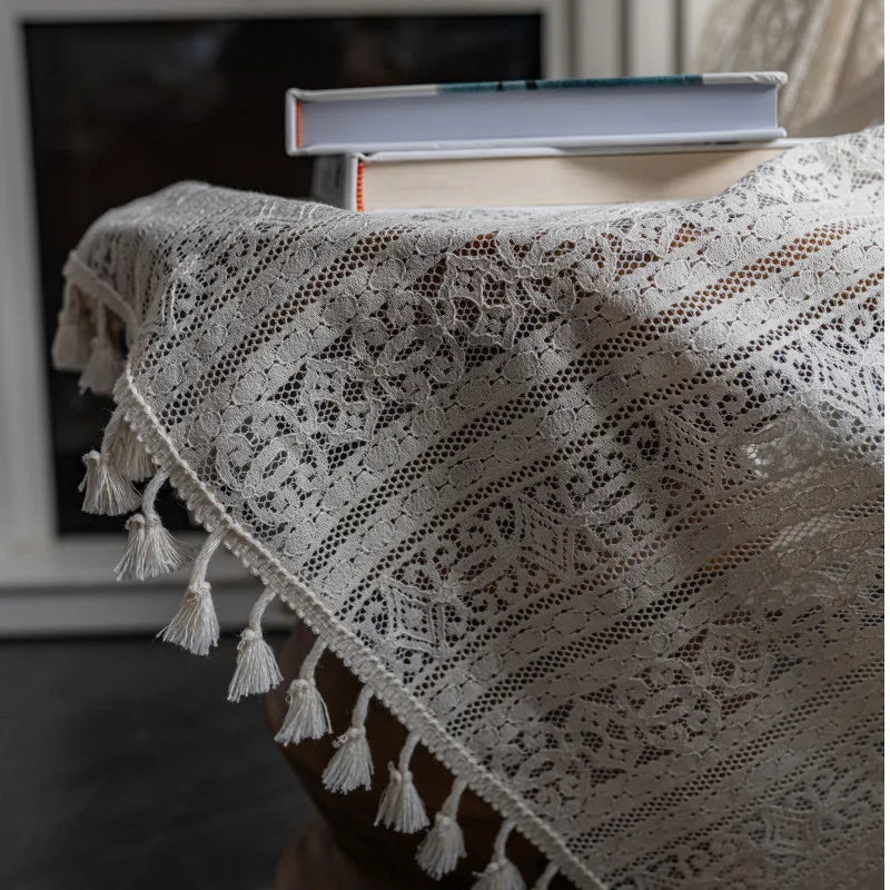 Cortinas de Renda Francesa Boho Bege para Sala e Quarto