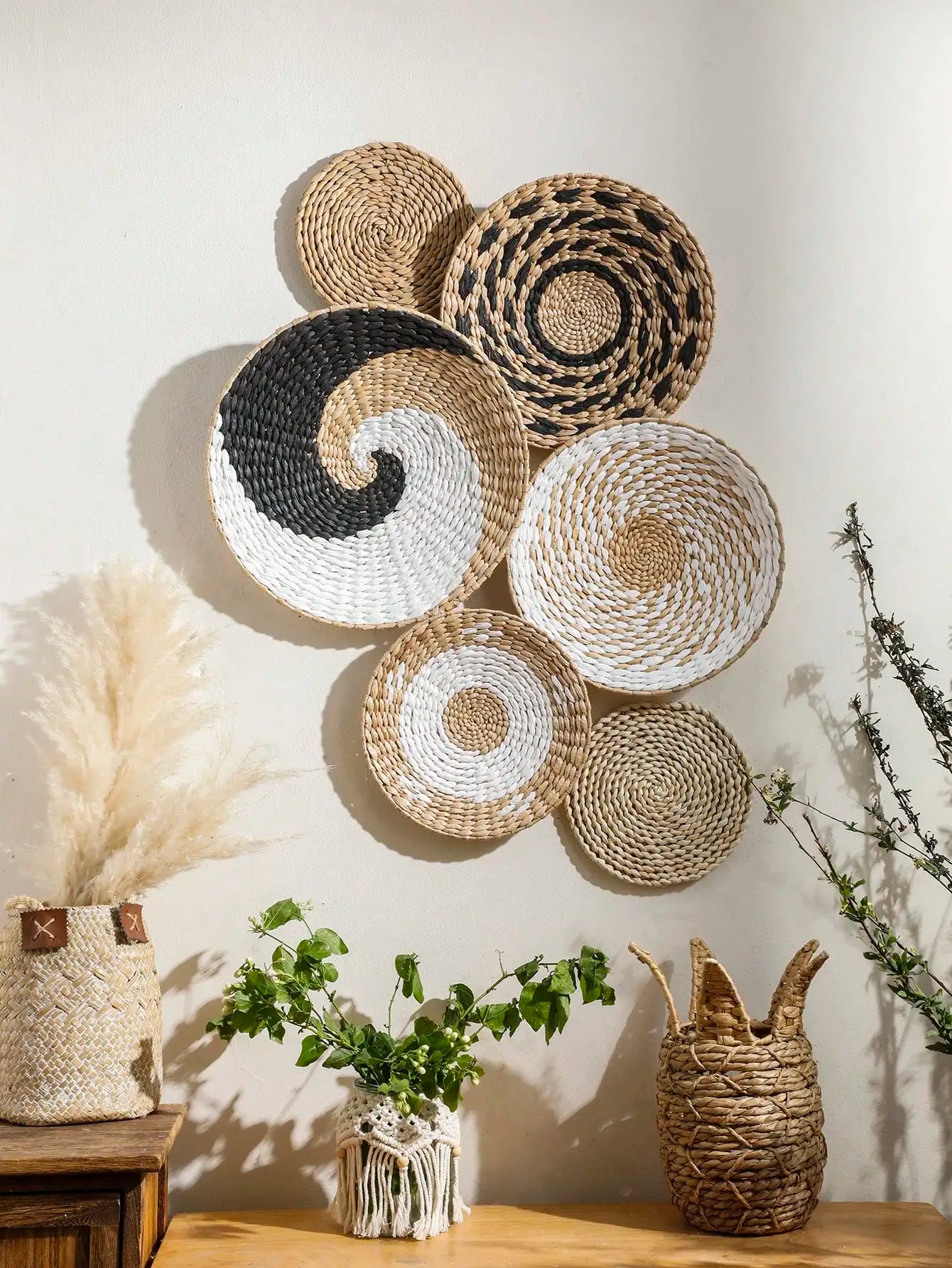 Conjunto de 6 Cestas de Parede Boho Feitas à Mão para Decoração