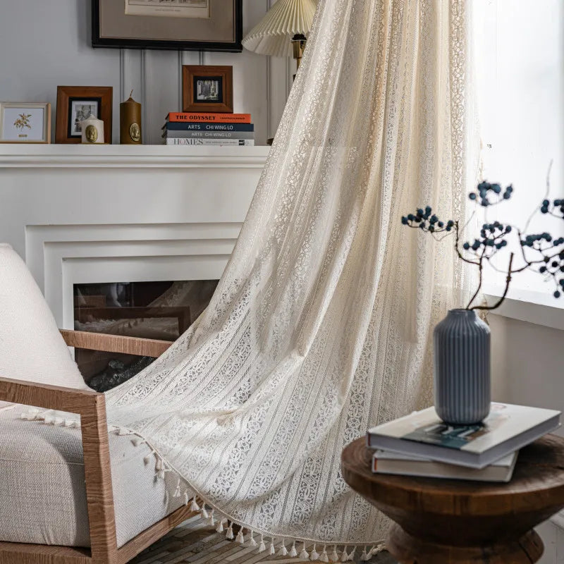 Cortinas de Renda Francesa Boho Bege para Sala e Quarto