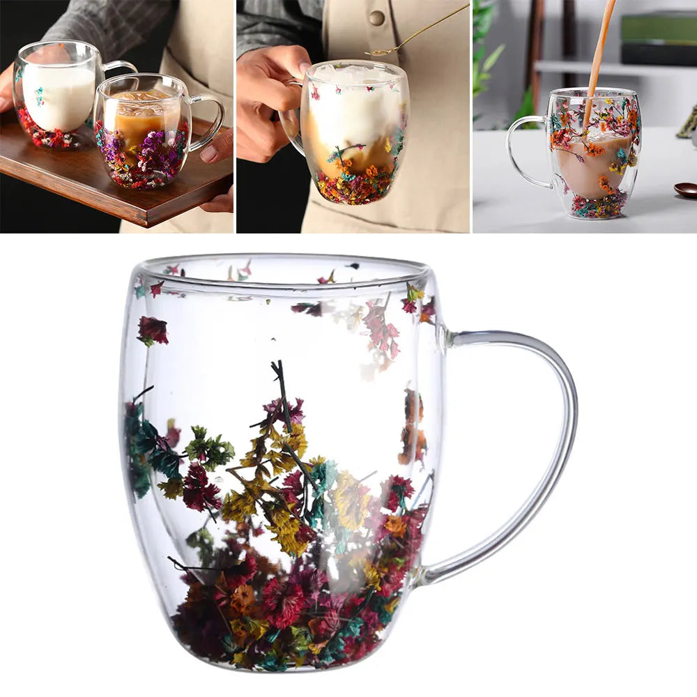 Caneca de Vidro Duplo Criativo com Flor Real e Concha 