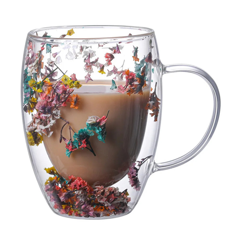 Caneca de Vidro Duplo Criativo com Flor Real e Concha 