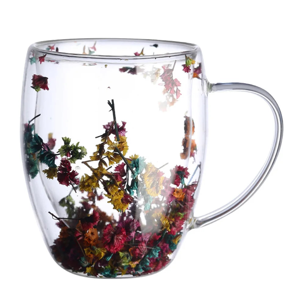 Caneca de Vidro Duplo Criativo com Flor Real e Concha 